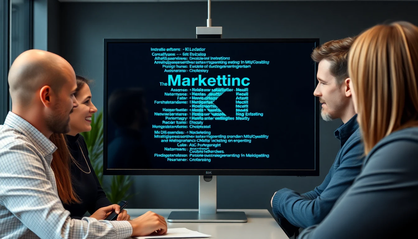 Marketing-Team betrachtet KI-generierte Texte auf einem Bildschirm