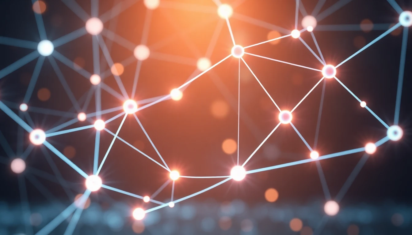 Futuristische 3D-Darstellung von verbundenen Workflow-Knoten mit leuchtenden Datenströmen